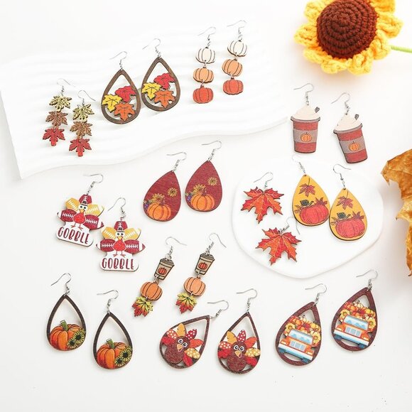 24PCS Thanksgiving Earrings Set Autumn Fall Earrings for Women, Wooden Maple Lea - Picture 2 of 6